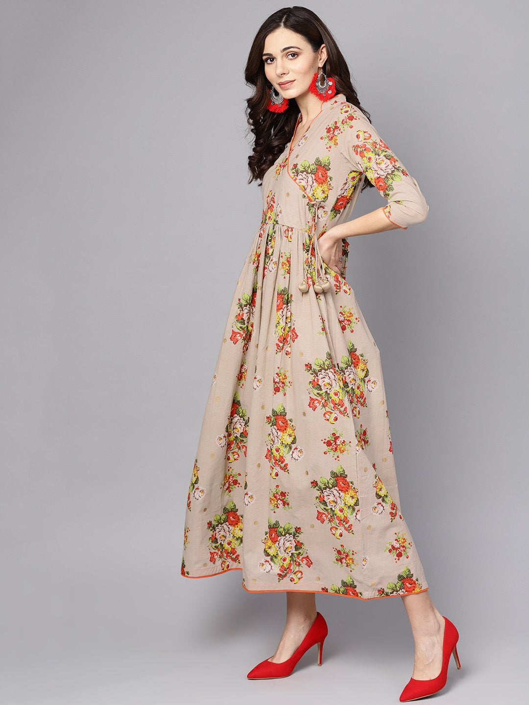Women's Beige Multi Colored Angrakha Style Maxi Dress Emblished With Tassels - Nayo Clothing