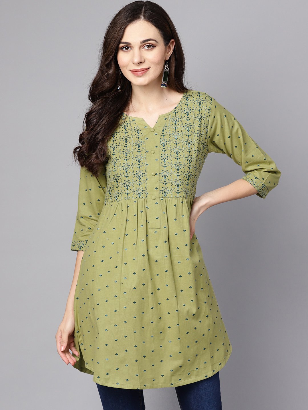 Women's Green Printed 3/4Th Sleeve Cotton A-Line Kurta - Nayo Clothing