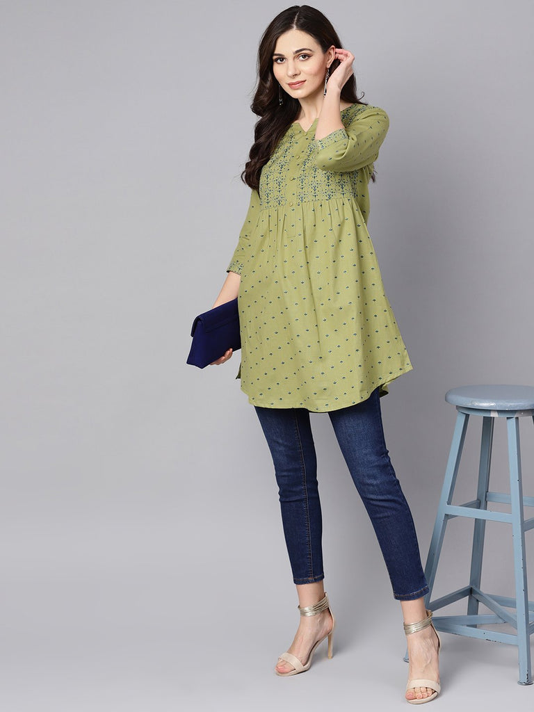 Women's Green Printed 3/4Th Sleeve Cotton A-Line Kurta