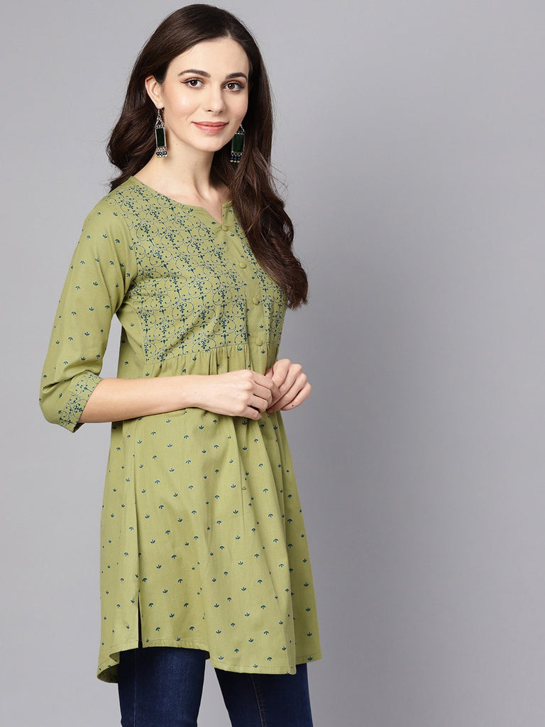 Women's Green Printed 3/4Th Sleeve Cotton A-Line Kurta