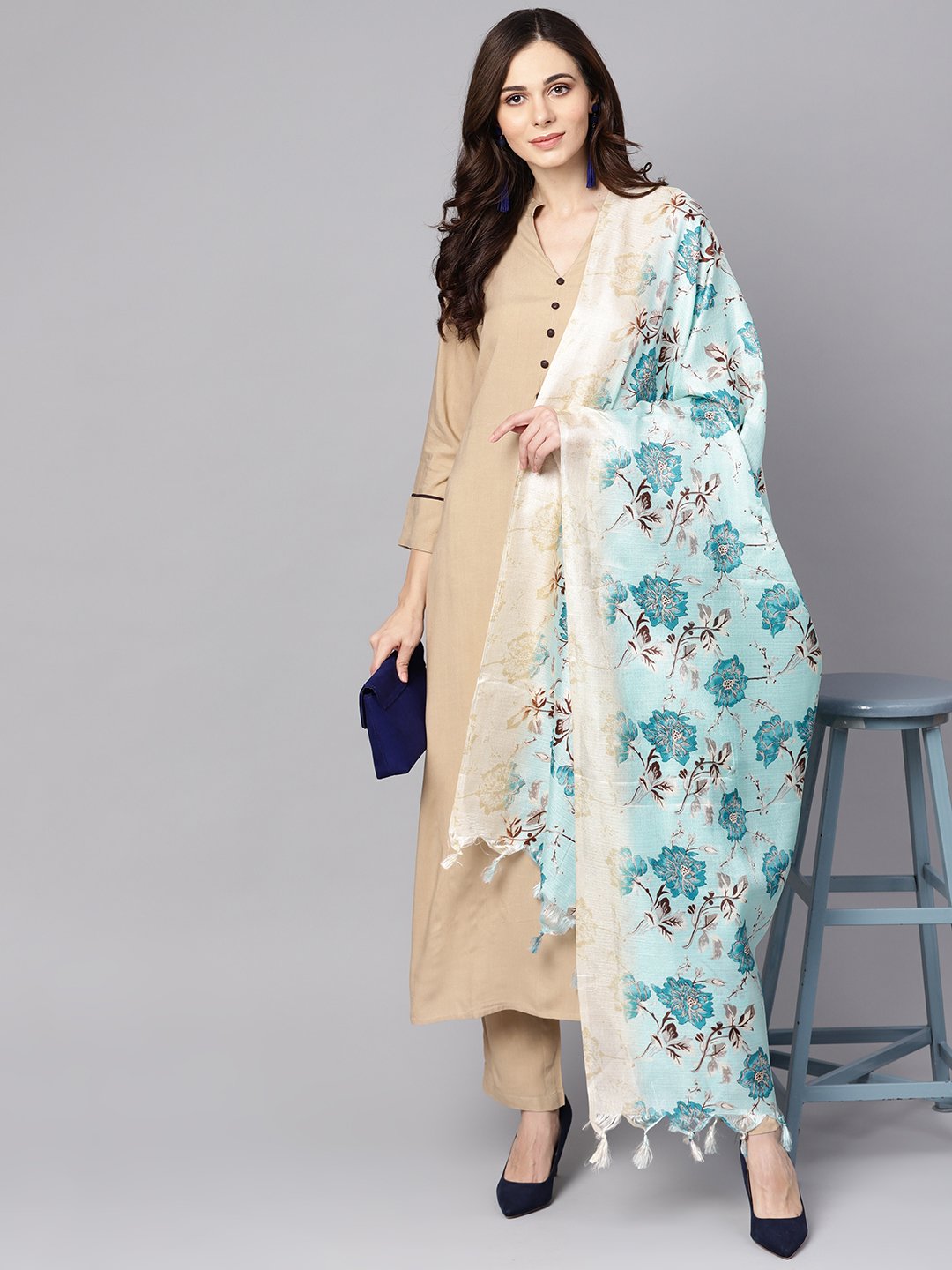 Women's Beige 3/4th sleeve Rayon Kurta with ankle length palazzo and printed dupatta - Nayo Clothing