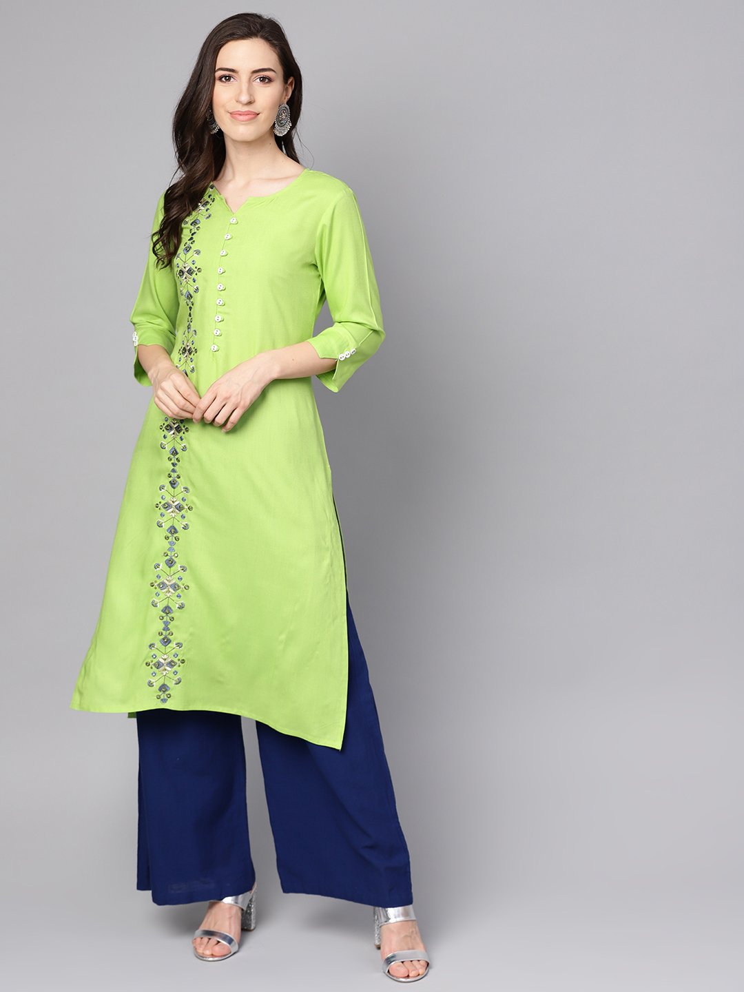 Women's Green 3/4Th Sleeve Rayon Embriodery Kurta - Nayo Clothing