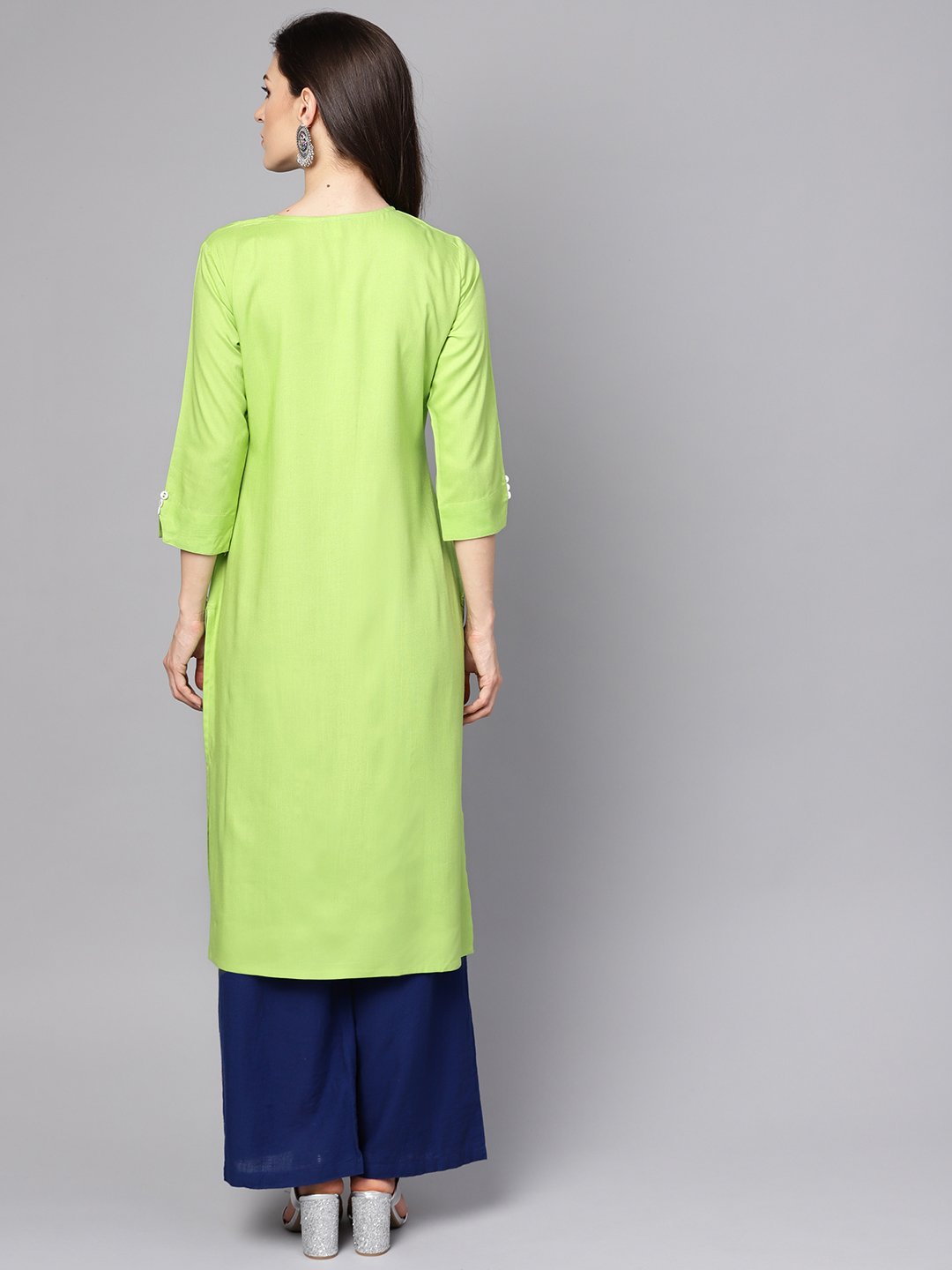 Women's Green 3/4Th Sleeve Rayon Embriodery Kurta - Nayo Clothing