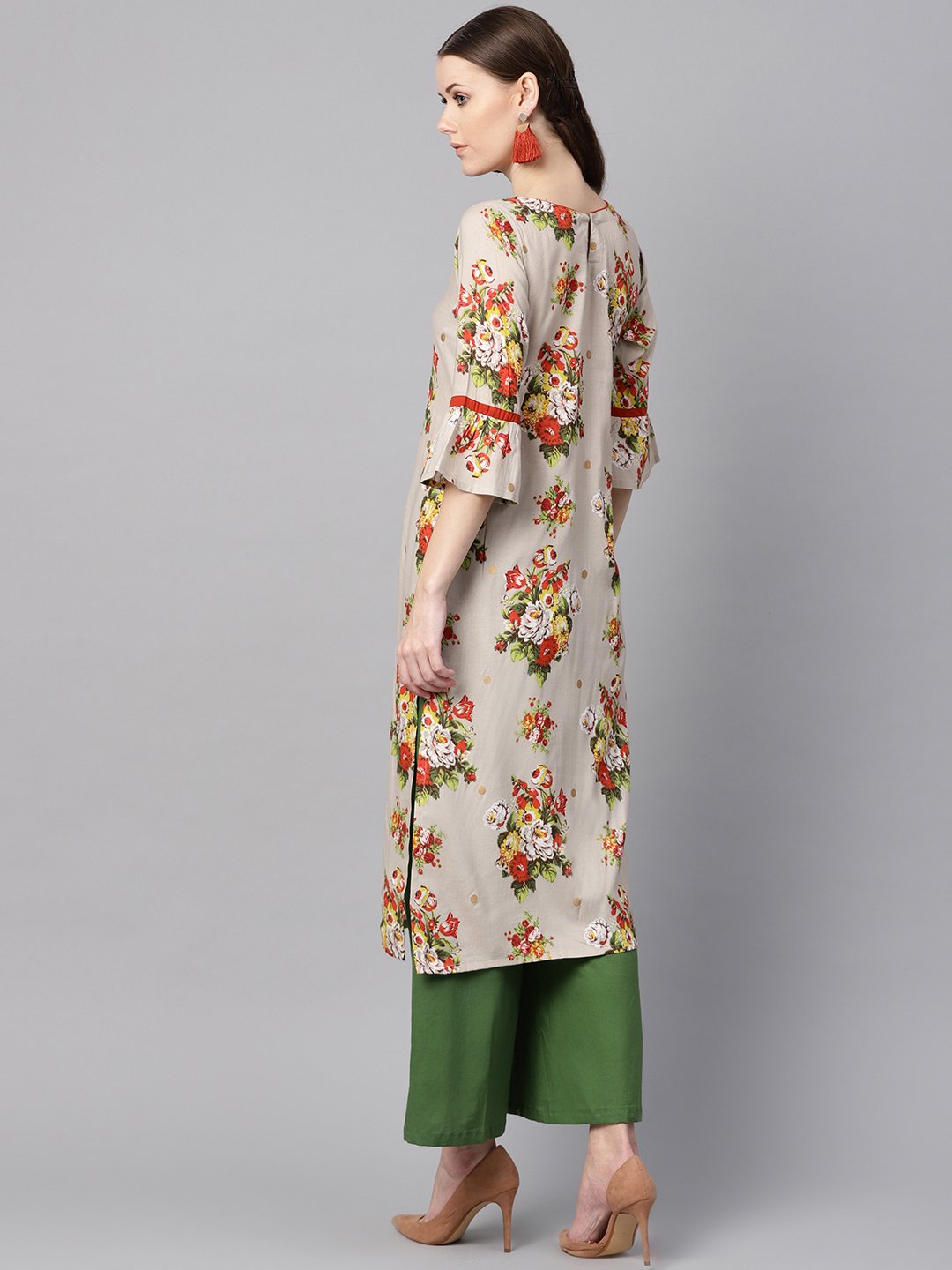 Women's Floral Gold Khadi Printed Straight Kurta With Gathered Sleeves & Solid Olive Green Pallazo - Nayo Clothing