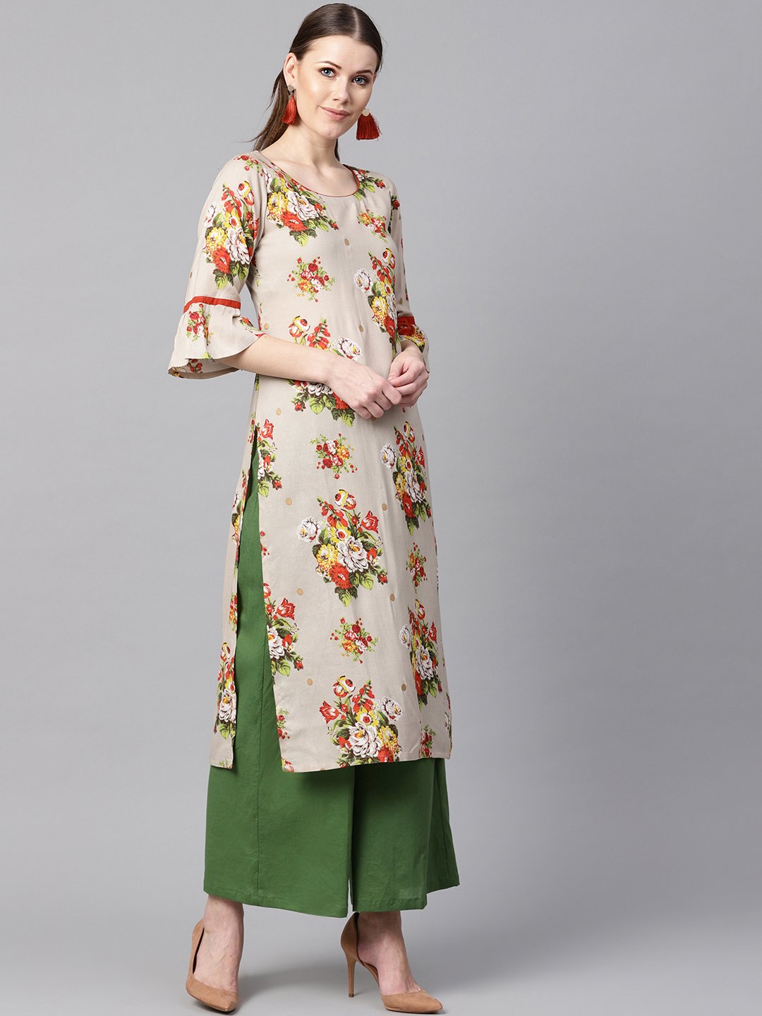 Women's Floral Gold Khadi Printed Straight Kurta With Gathered Sleeves & Solid Olive Green Pallazo - Nayo Clothing