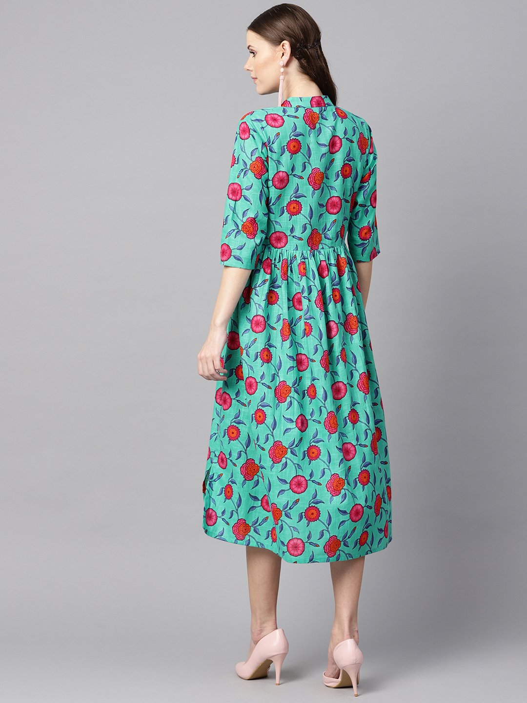 Women's Blue Colored Floral Printed 3/4Th Sleeve Pleated Dress - Nayo Clothing