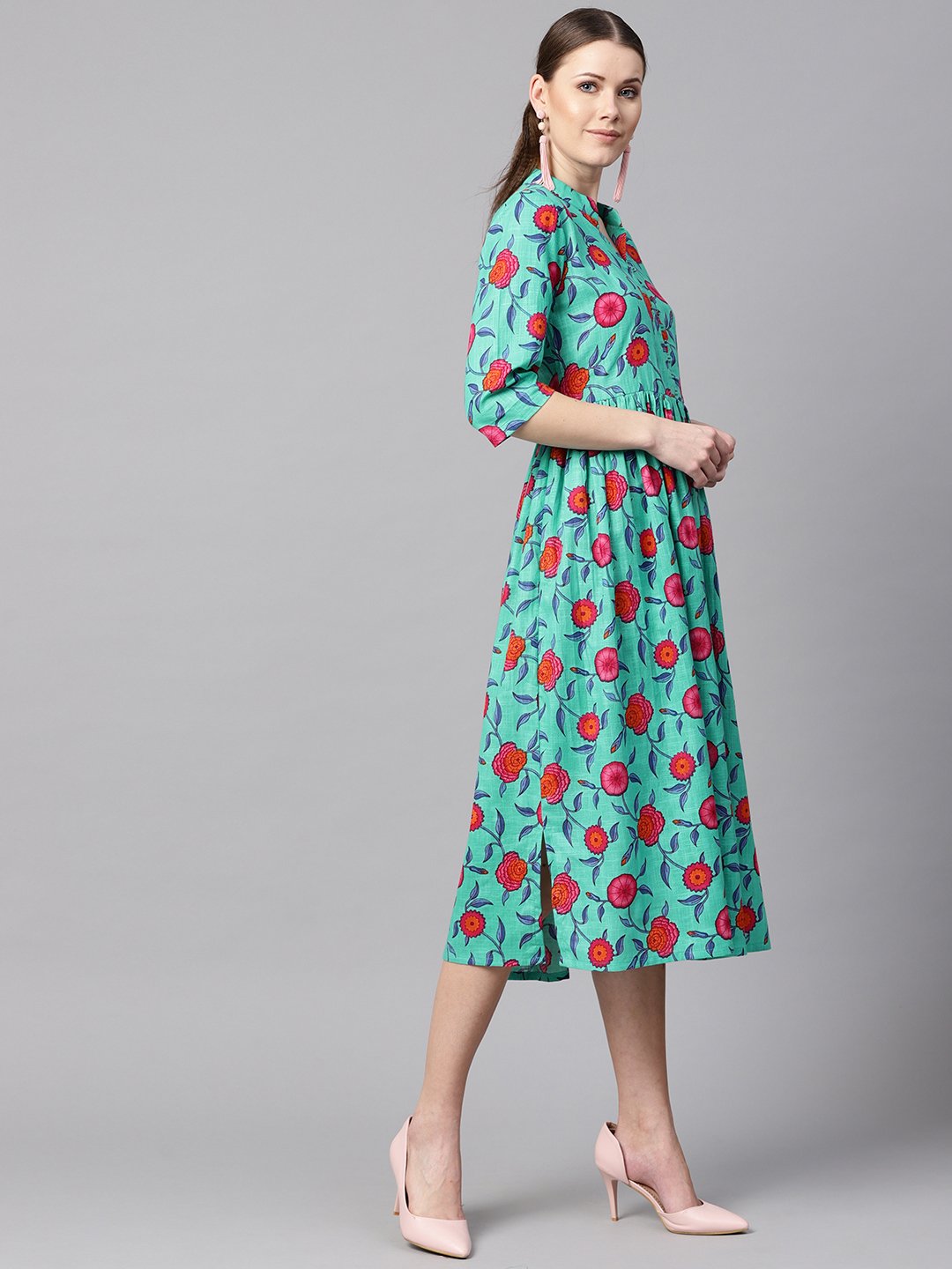 Women's Blue Colored Floral Printed 3/4Th Sleeve Pleated Dress - Nayo Clothing