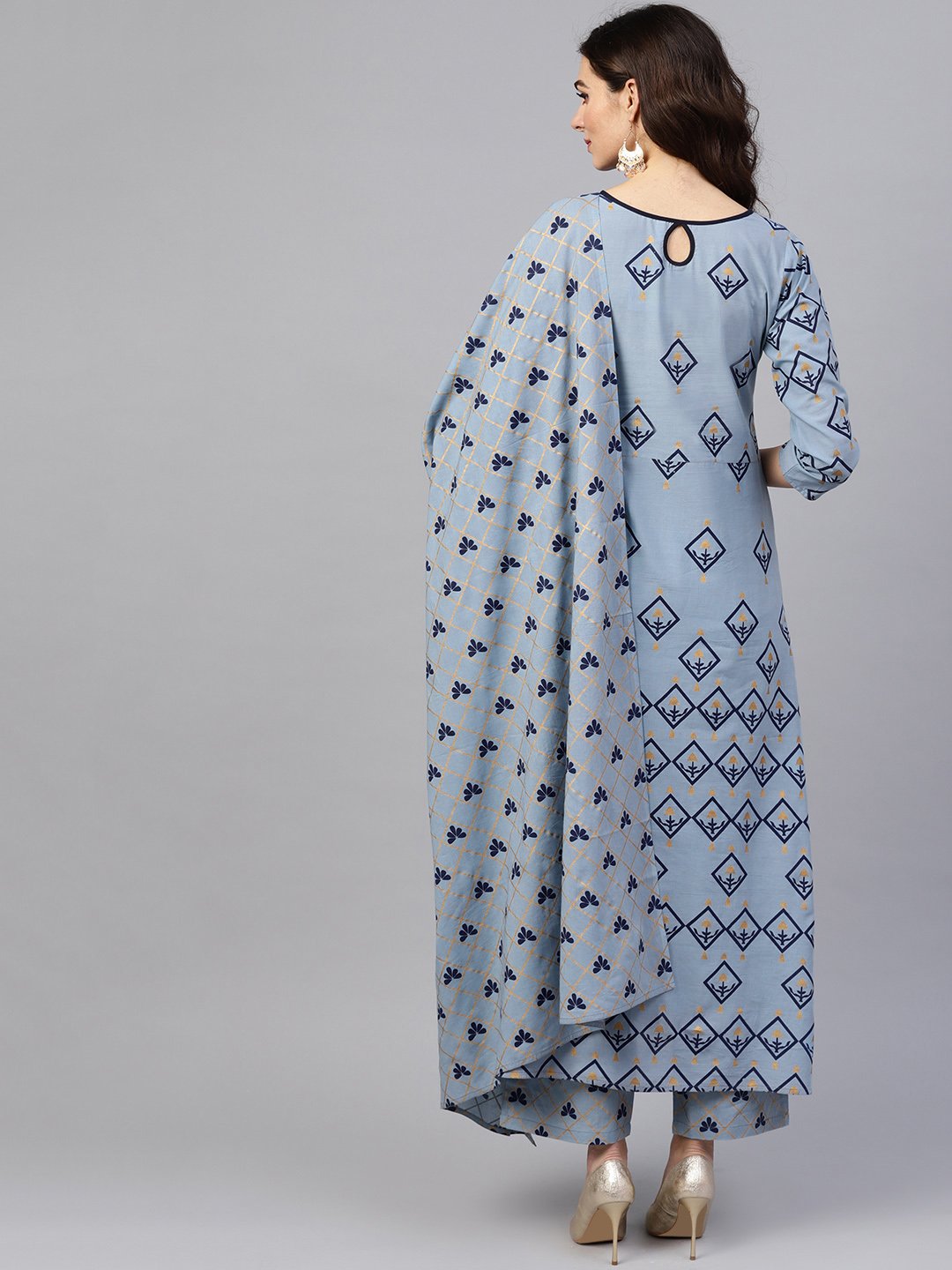 Women's Blue & Golden Printed Kurta With Trousers & Dupatta - Nayo Clothing