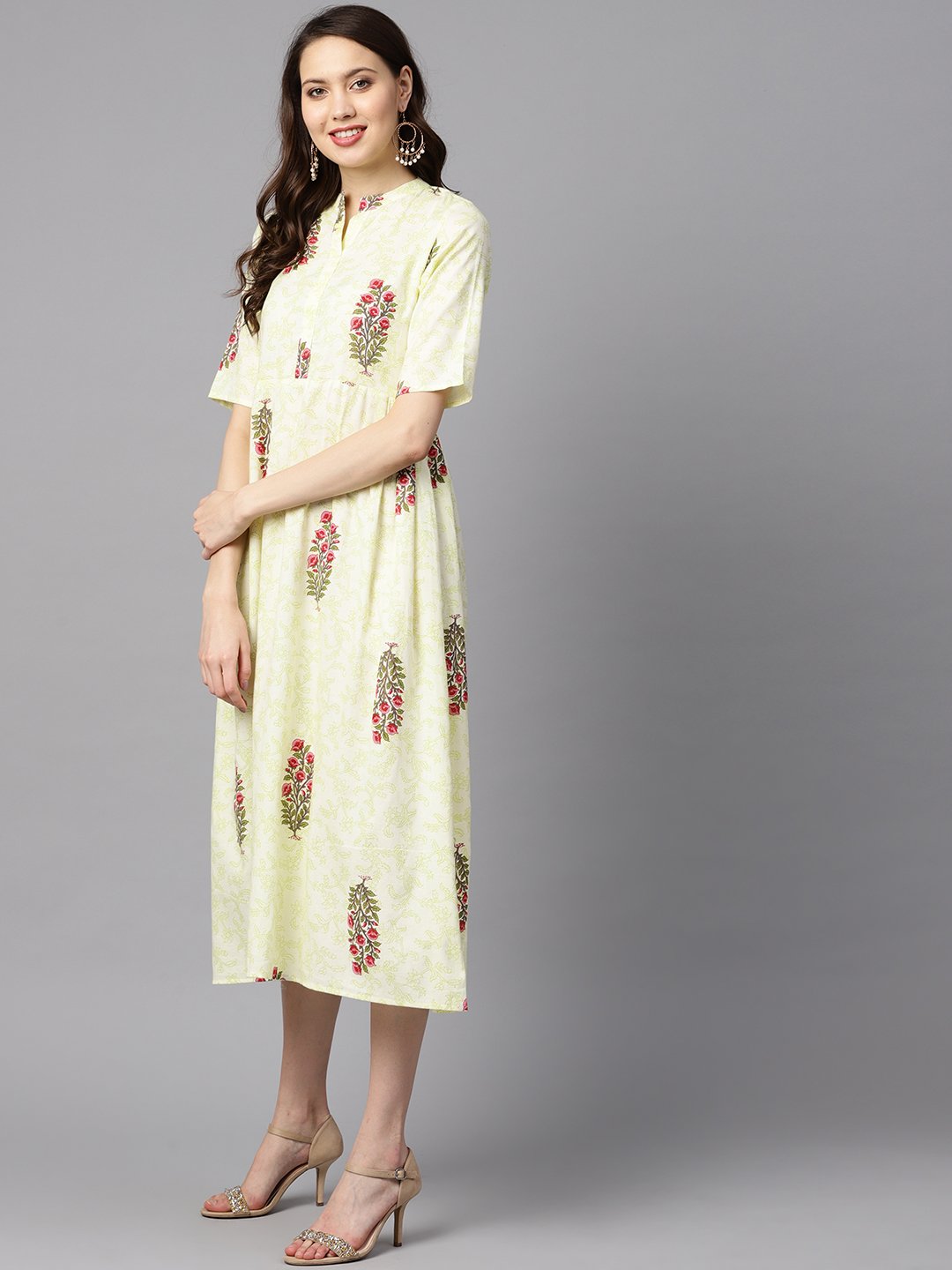 Women's Floral Printed Dress With Side Pleats - Nayo Clothing