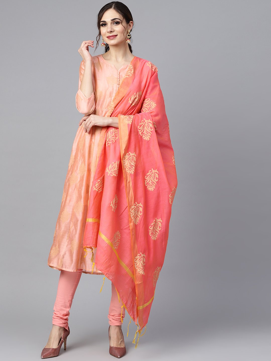 Women's Peach Two-Toned Gold Khadi Chanderi Anarkali With Solid Light Pink Churidar And Printed Chanderi Dupatta - Nayo Clothing