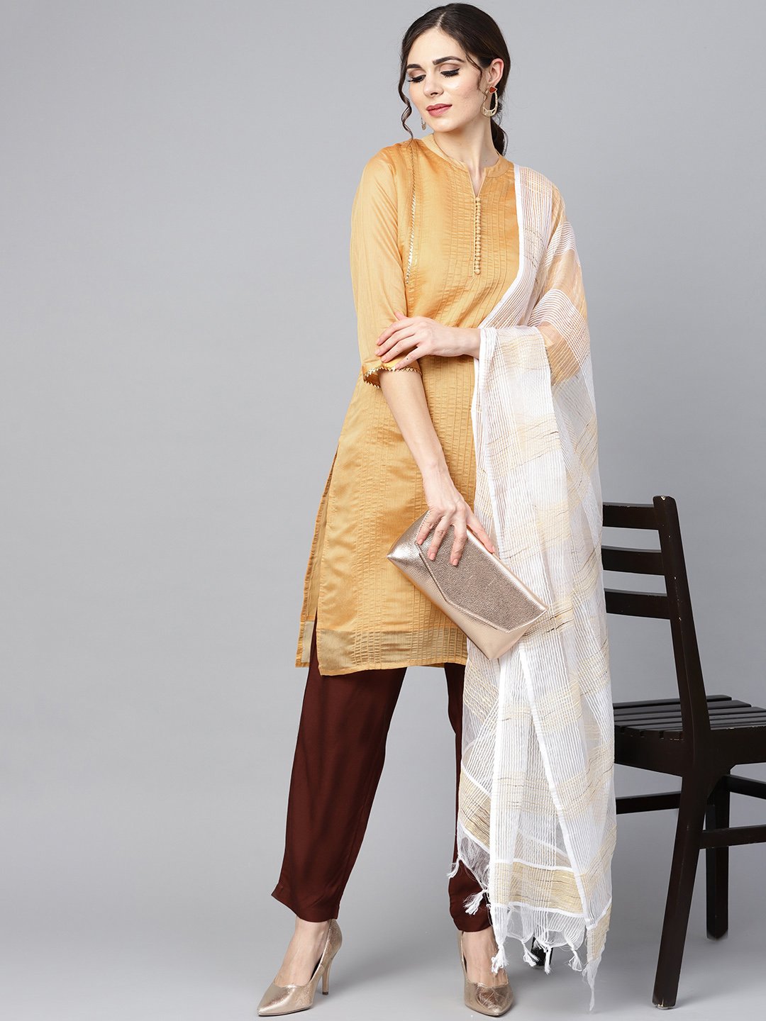 Women's Mustard Brown Chanderi Straight Kurta With Lining With Solid Chocolate Brown Rayon Pants With Kotadoriya Dupatta - Nayo Clothing