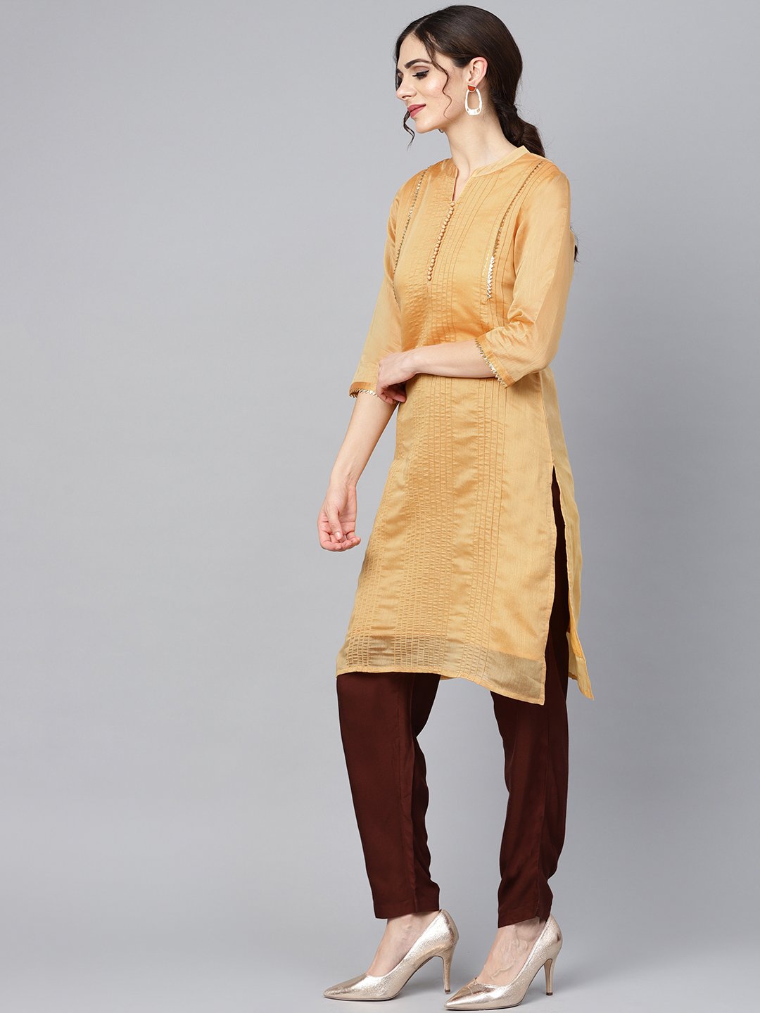 Women's Mustard Brown Chanderi Straight Kurta With Lining With Solid Chocolate Brown Rayon Pants With Kotadoriya Dupatta - Nayo Clothing