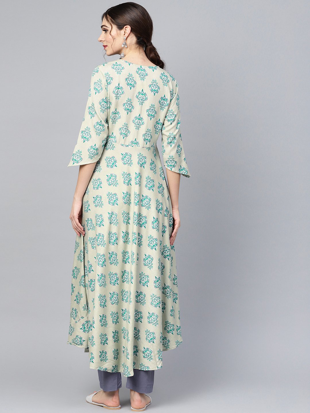 Women's Sage Green Printed V-Neck Angrakha Style 3/4Th Assymetrical Sleeve Falred Kurta With Solid Pants. - Nayo Clothing
