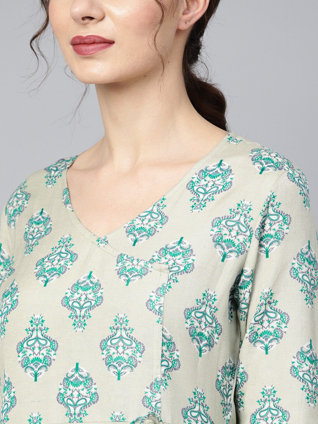 Women's Sage Green Printed V-Neck Angrakha Style 3/4Th Assymetrical Sleeve Falred Kurta With Solid Pants. - Nayo Clothing