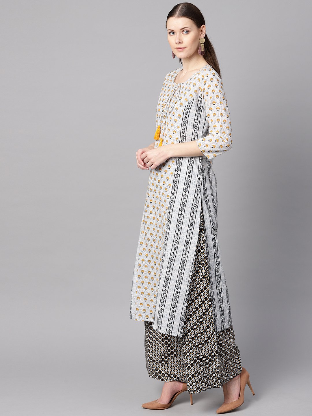 Women's Light Grey Printed Round Neck With Slit And Hangings 3/4Th Sleeve Straight Panneled Kurta With Printed Palazzo And Printed Dupatta. - Nayo Clothing