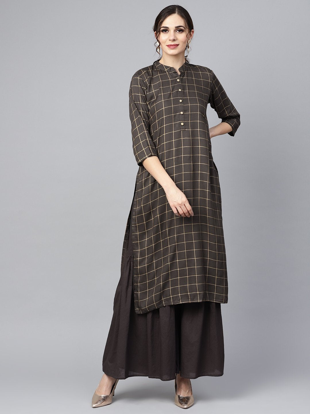 Women's Black Checkered Gold Printed 3/4Th Sleeve Chinese Collared Button Detailing Kurta With Solid Sharara - Nayo Clothing