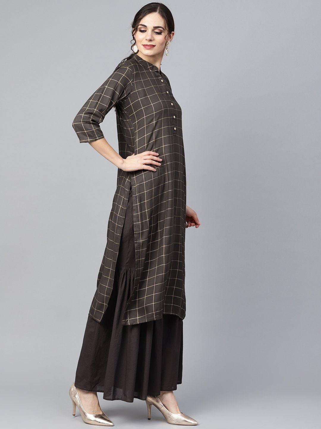 Women's Black Checkered Gold Printed 3/4Th Sleeve Chinese Collared Button Detailing Kurta With Solid Sharara - Nayo Clothing