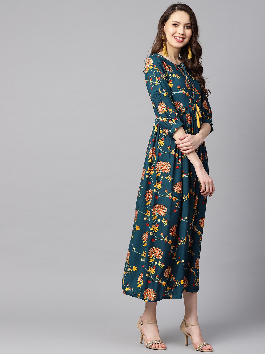 Women's Dark Teal Turquiose Floral Printed Maxi Dress With Key Hole Neckline & 3/4 Sleeves - Nayo Clothing