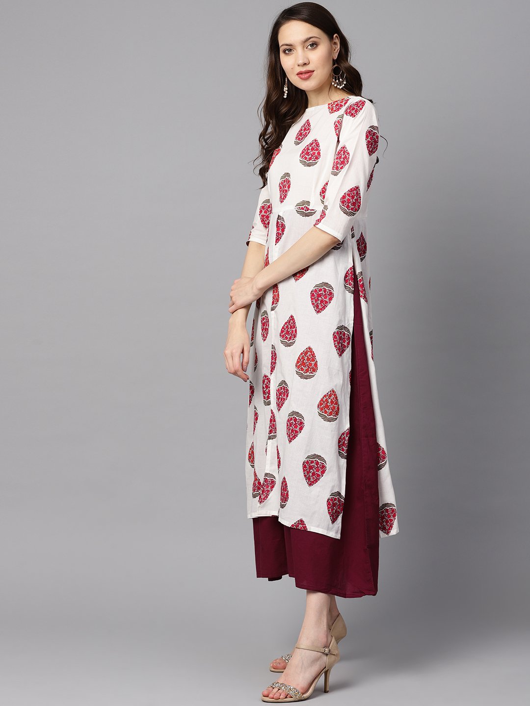 Women's Floral Boota Attached With Solid Maroon Dress With Multiple Slits & 3/4 Sleeves - Nayo Clothing