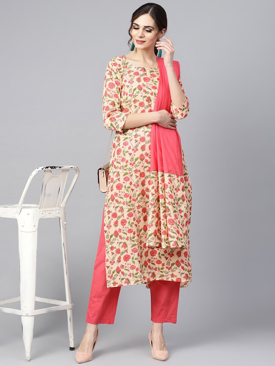 Women's Beige Colored Floral Printed Straight Kurta With Solid Pink Pants & Mul Dupatta - Nayo Clothing