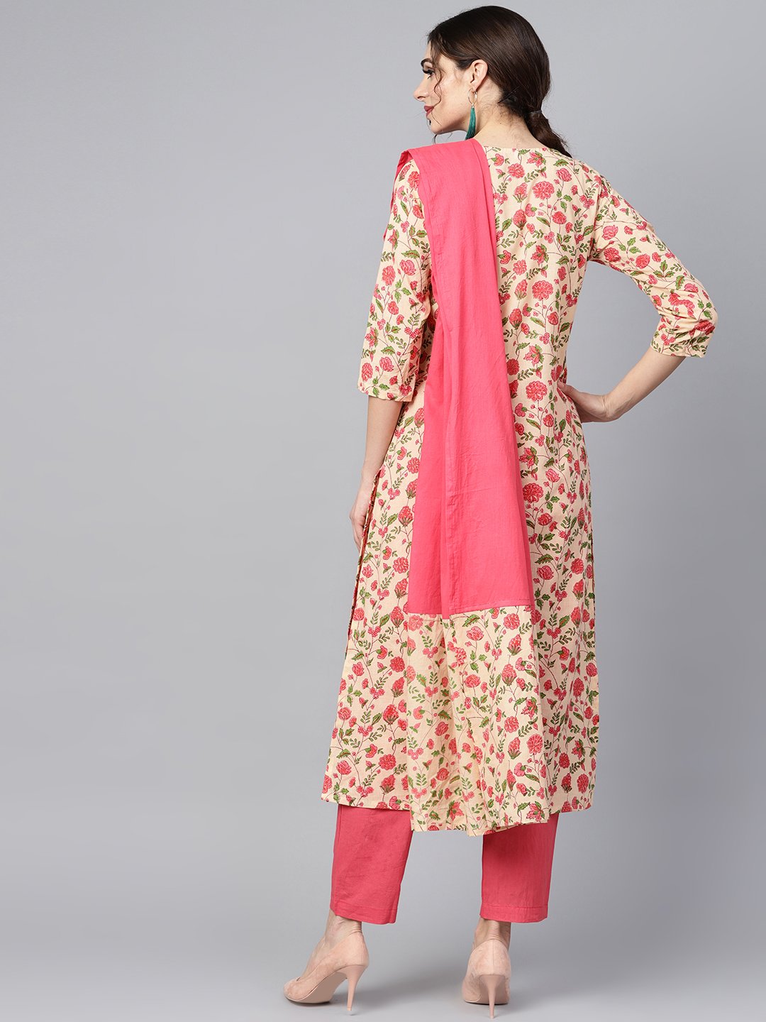 Women's Beige Colored Floral Printed Straight Kurta With Solid Pink Pants & Mul Dupatta - Nayo Clothing