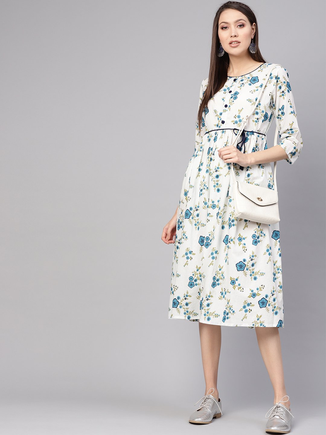 Women's White & Blue Printed A-Line Dress - Nayo Clothing