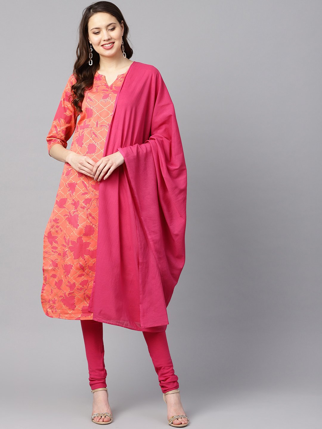 Women's Peach-Coloured & Pink Printed Kurta With Churidar & Dupatta - Nayo Clothing