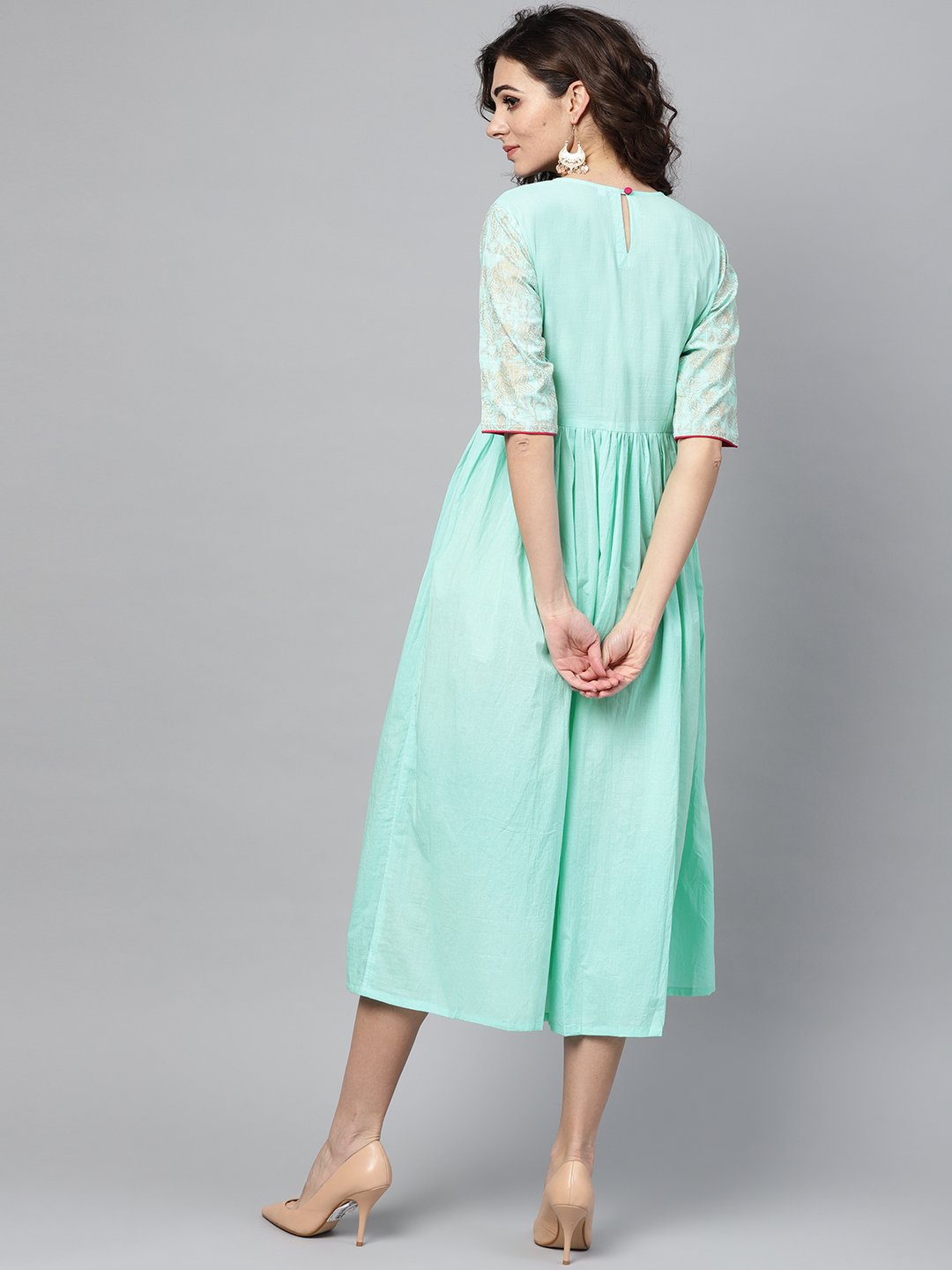 Women's Pastel Green Dress With Front Gold Printed Yoke & 3/4 Sleeves - Nayo Clothing