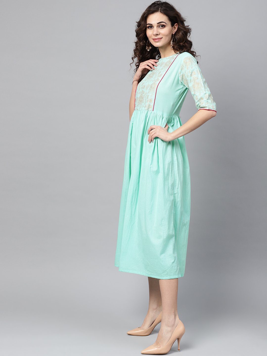 Women's Pastel Green Dress With Front Gold Printed Yoke & 3/4 Sleeves - Nayo Clothing