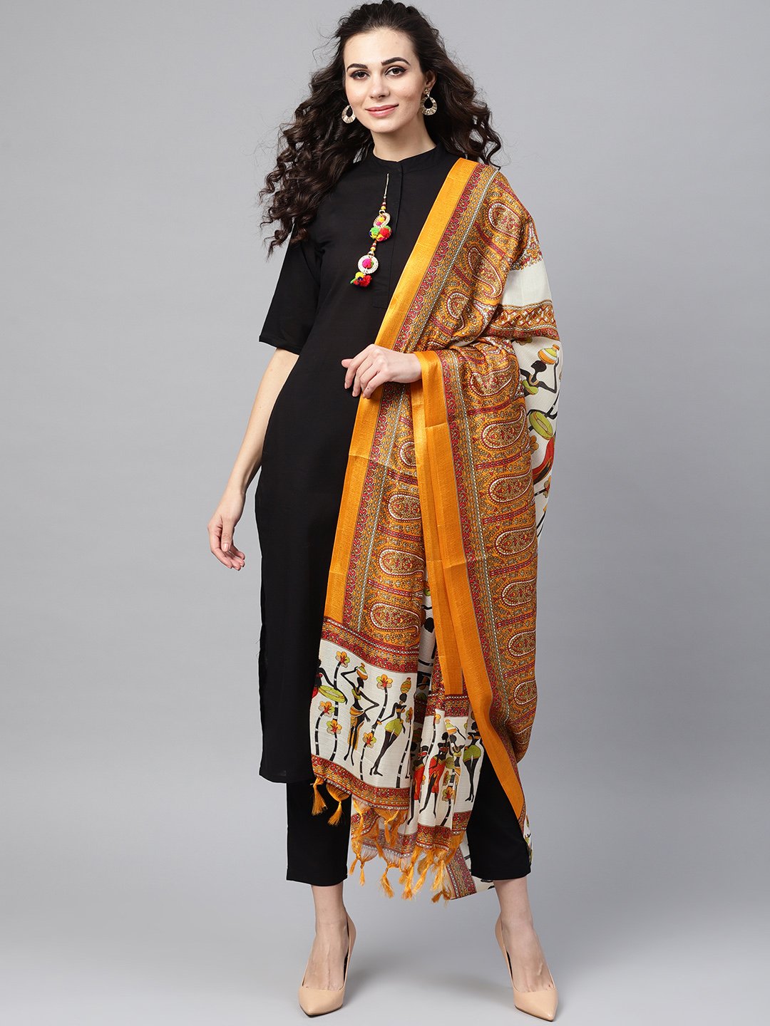 Women's Solid Black Kurta Set with Pants & Bhagalpuri Multi Colored Dupatta - Nayo Clothing
