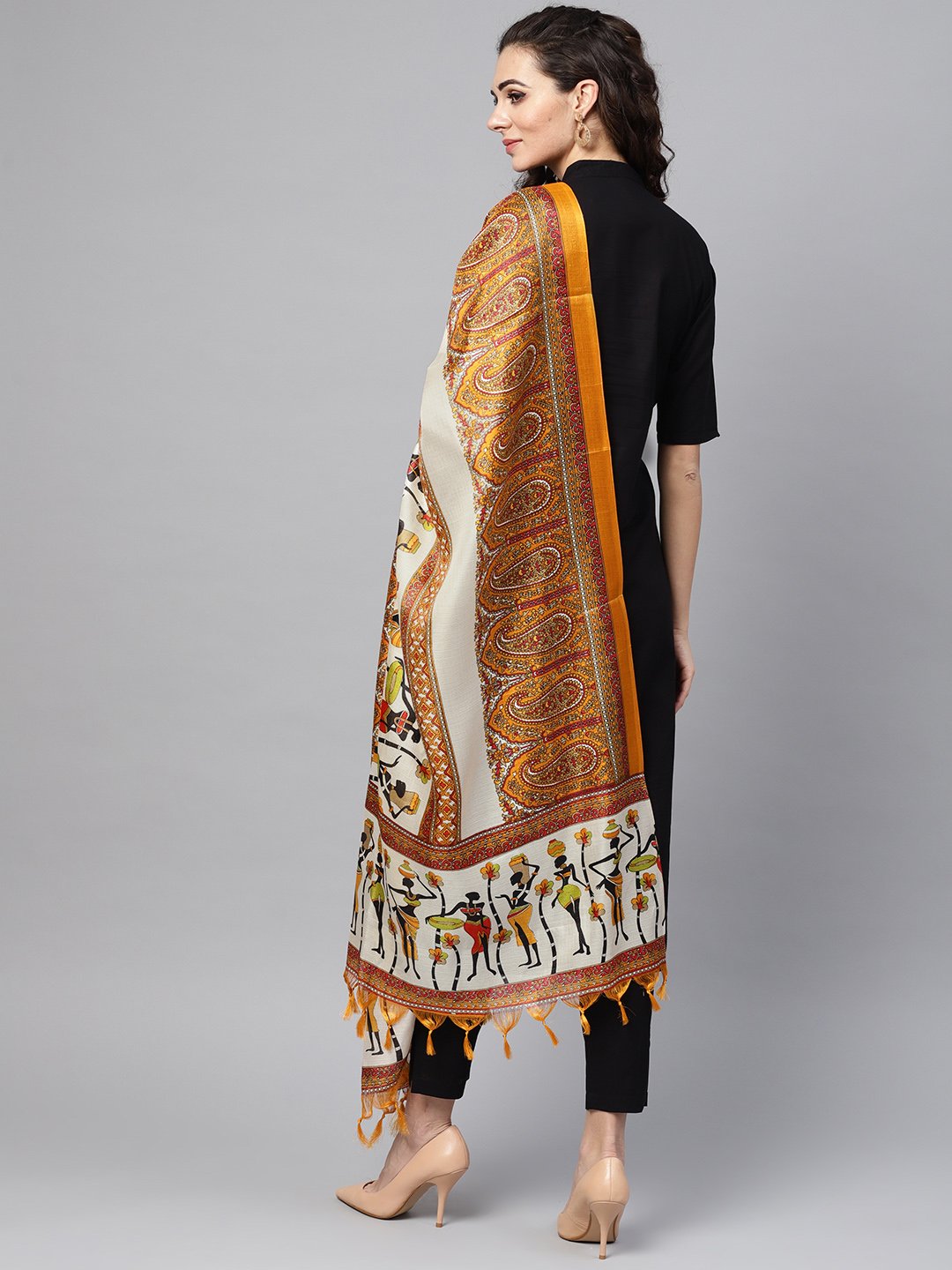 Women's Solid Black Kurta Set with Pants & Bhagalpuri Multi Colored Dupatta - Taantav