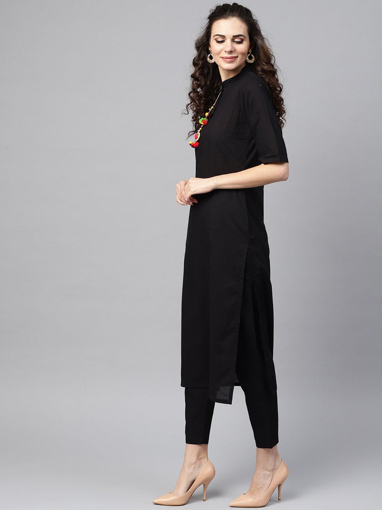 Women's Solid Black Kurta Set with Pants & Bhagalpuri Multi Colored Dupatta