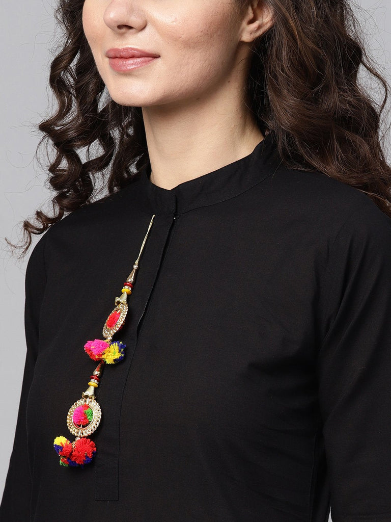 Women's Solid Black Kurta Set with Pants & Bhagalpuri Multi Colored Dupatta