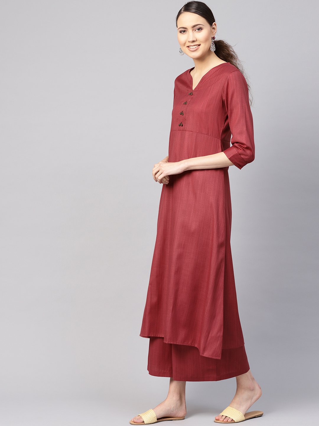 Women's Rust Red Solid Kurta With Palazzos & Dupatta - Nayo Clothing
