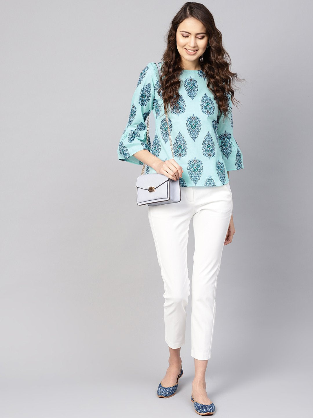 Women's Blue Printed Regular Top - Nayo Clothing