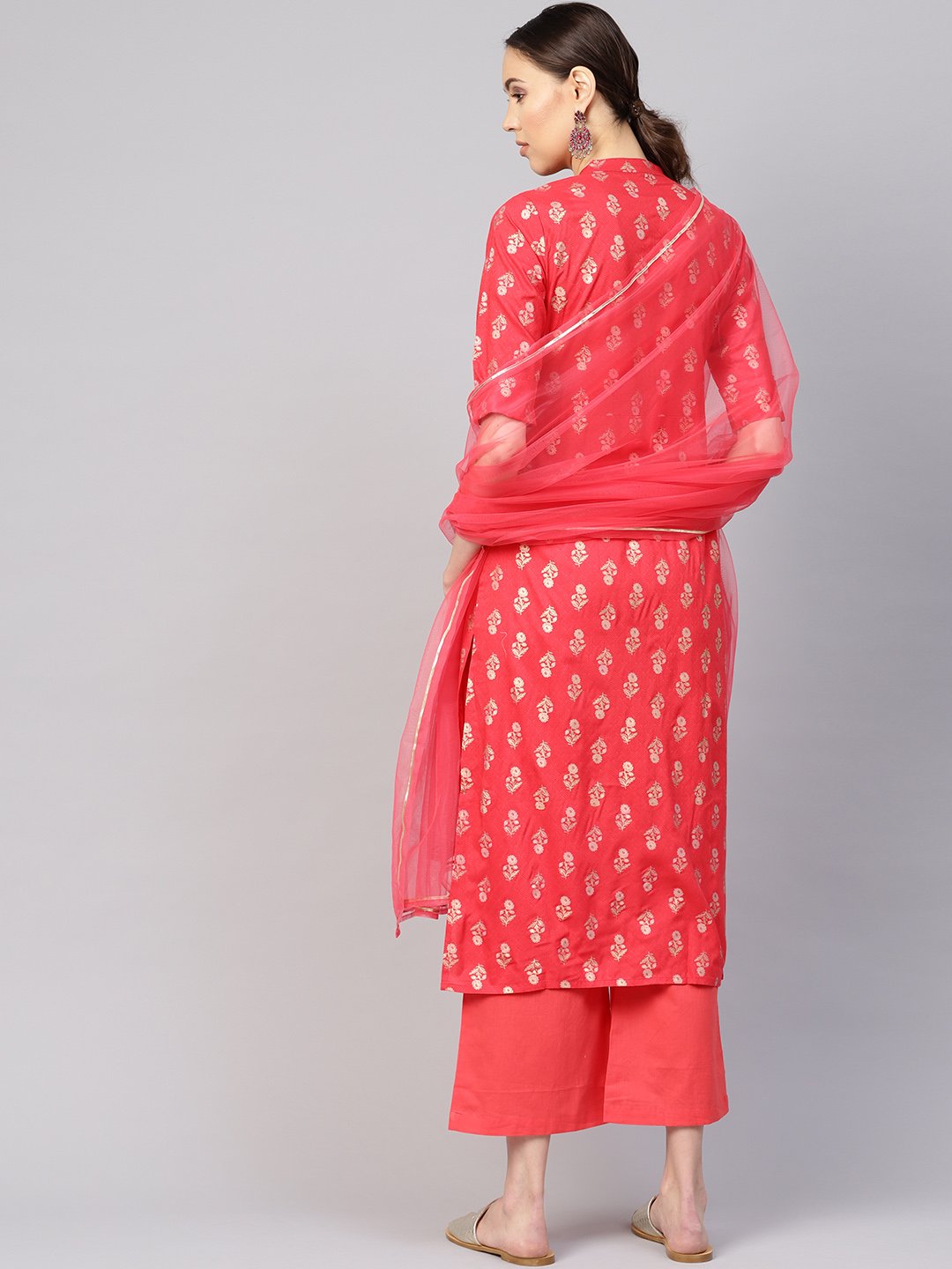 Women's Coral Red & Golden Printed Kurta With Palazzos & Dupatta - Nayo Clothing