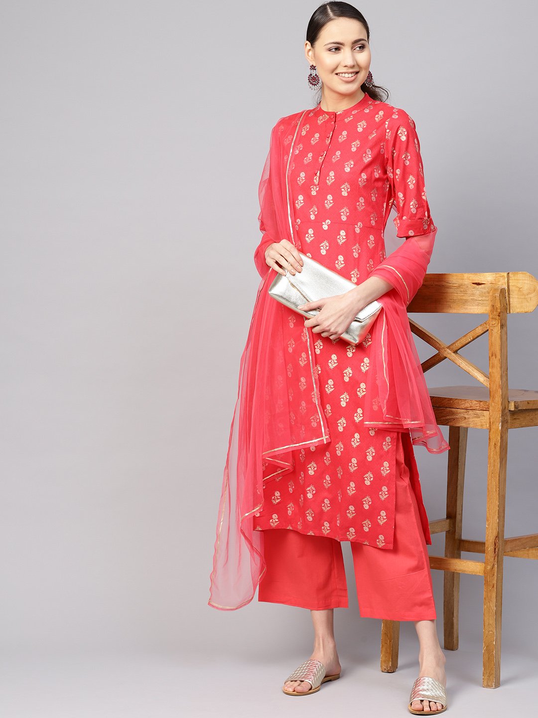 Women's Coral Red & Golden Printed Kurta With Palazzos & Dupatta - Nayo Clothing