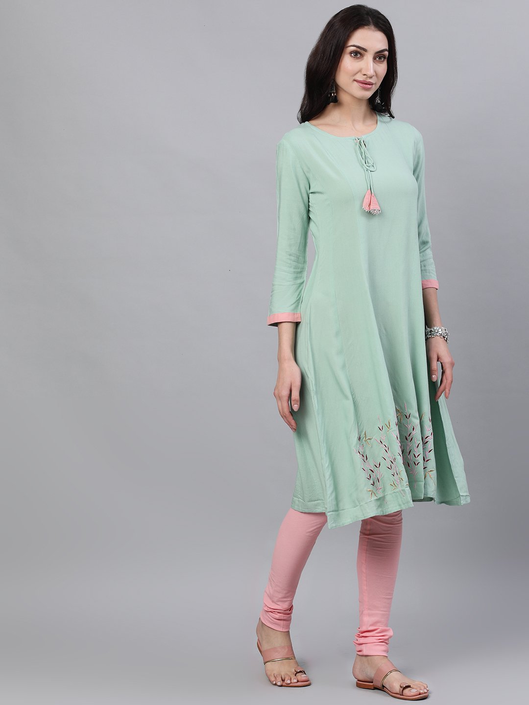 Women's Pastel Green And Pink Embroidered Boat Neck With V-Slit 3/4Th Sleeves  Kurta With Pink Churidar - Nayo Clothing