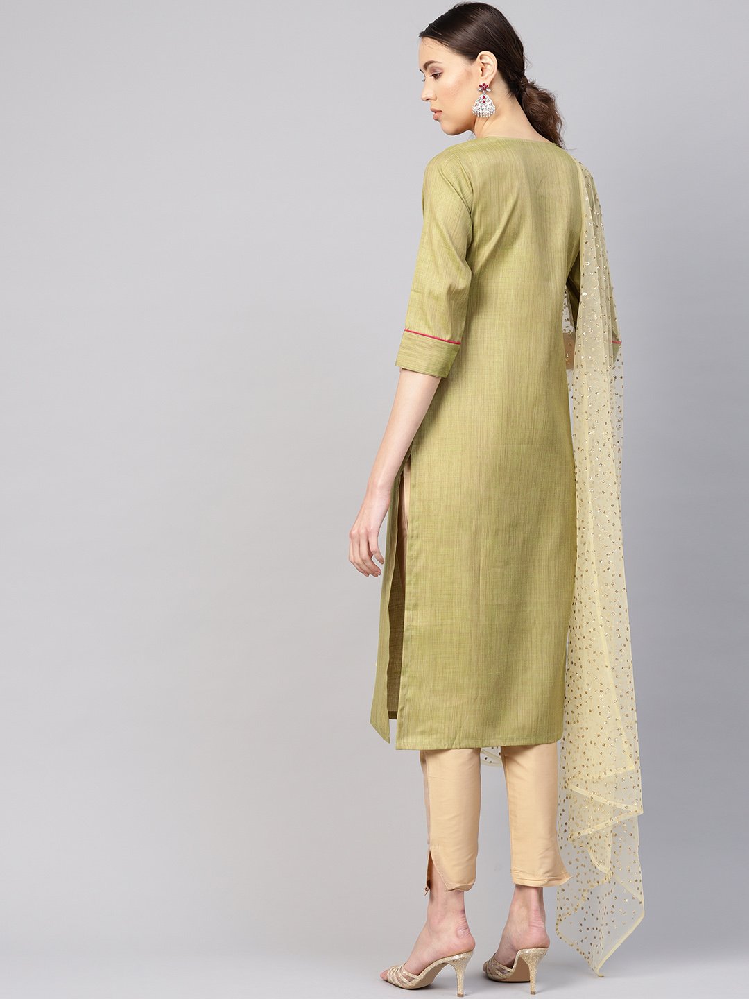 Women's Green & Beige Solid Kurta With Trousers & Dupatta - Nayo Clothing