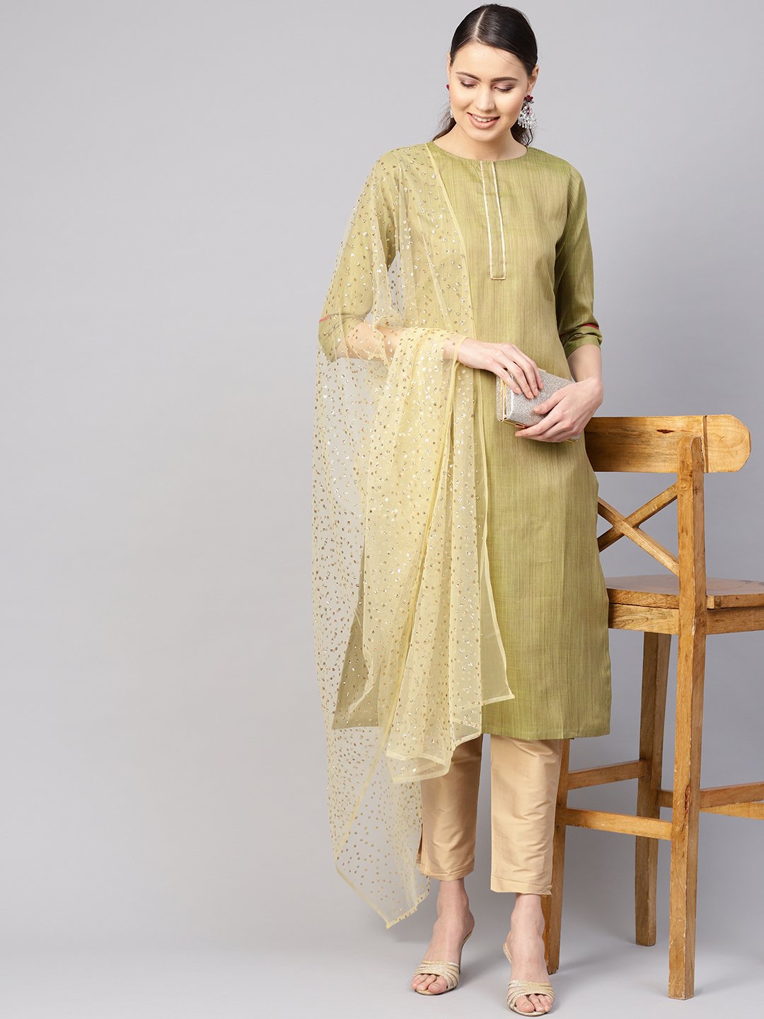 Women's Green & Beige Solid Kurta With Trousers & Dupatta - Nayo Clothing
