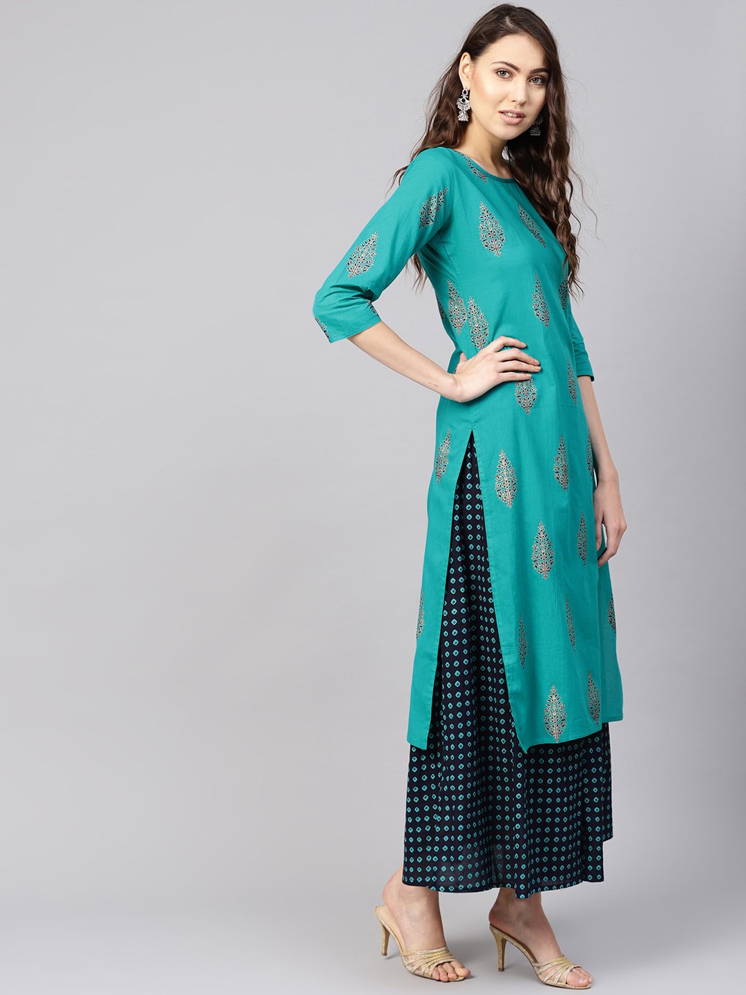 Women's Green & Navy Blue Printed Kurta With Skirt - Nayo Clothing