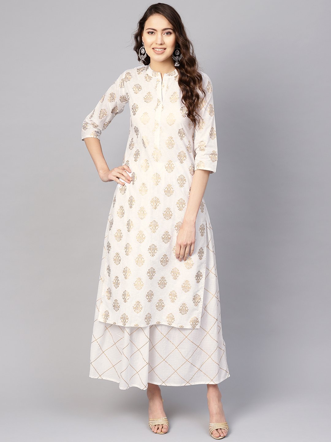 Women's White & Golden Printed Kurta With Skirt - Nayo Clothing
