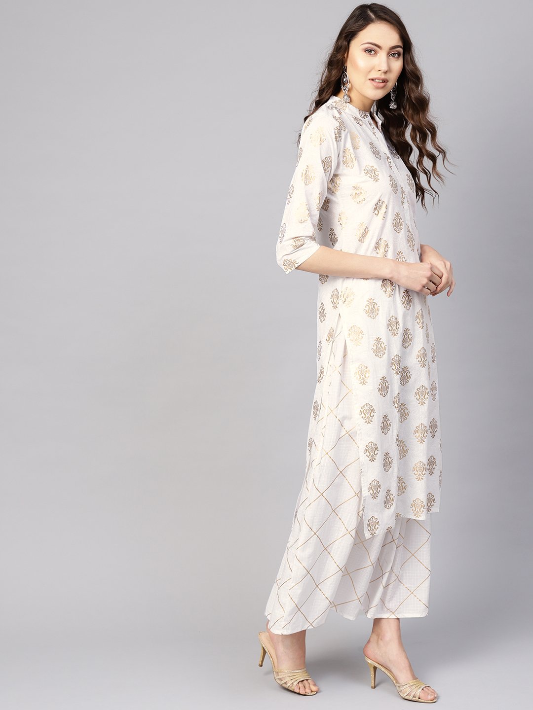 Women's White & Golden Printed Kurta With Skirt - Nayo Clothing