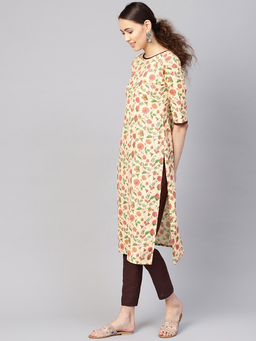 Women's Cream-Coloured & Brown Printed Kurta With Trousers - Nayo Clothing
