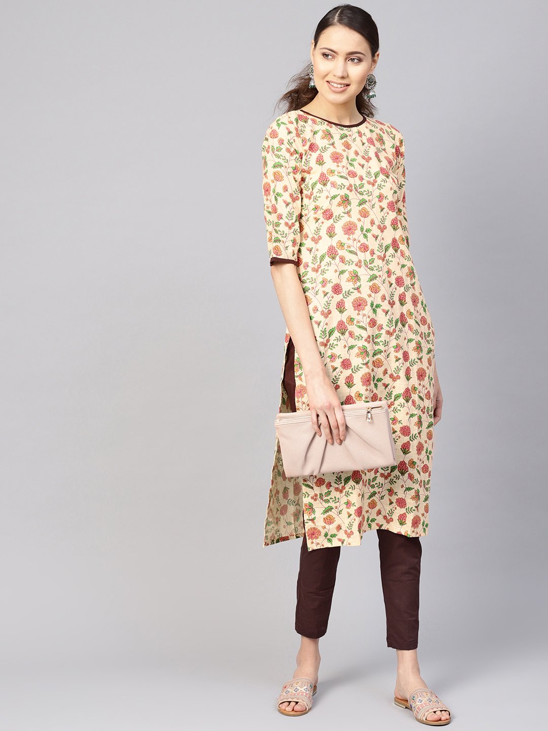 Women's Cream-Coloured & Brown Printed Kurta With Trousers - Nayo Clothing