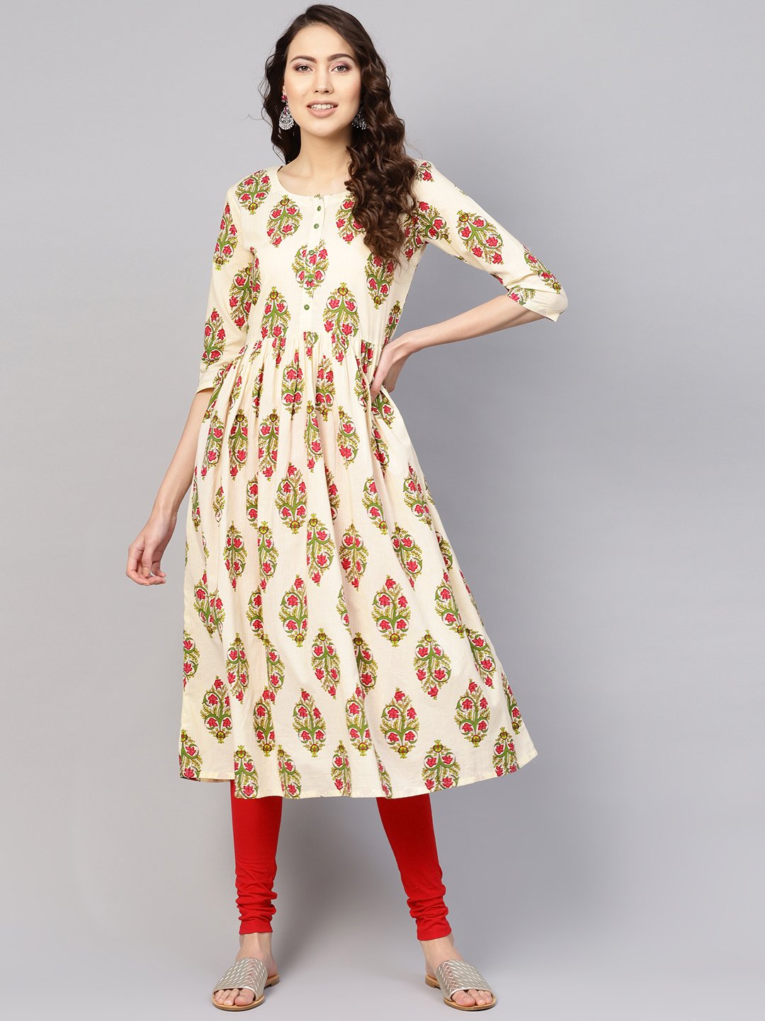 Women's Off-White & Green Printed Midi Fit And Flare Dress - Nayo Clothing