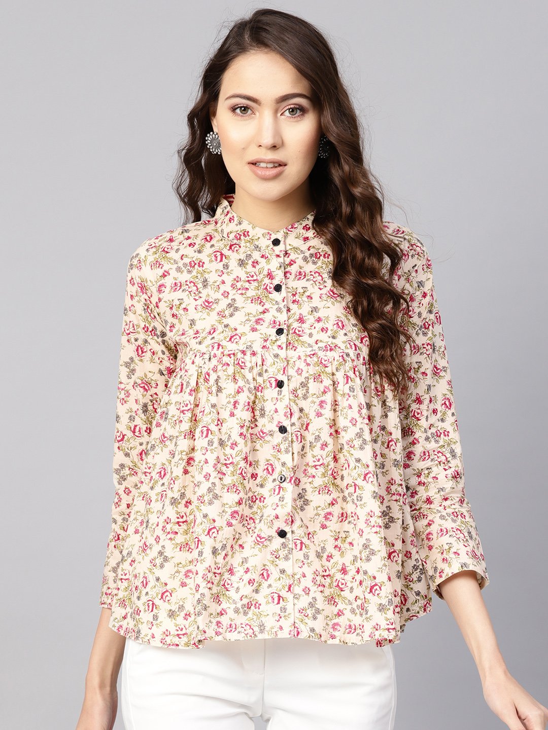 Women's Beige & Pink Printed Shirt Style Top - Nayo Clothing