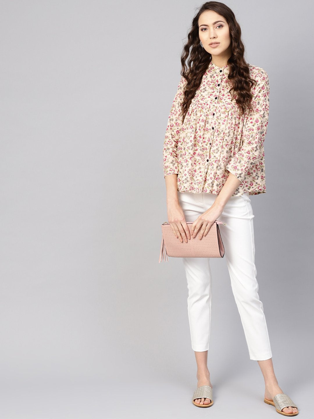 Women's Beige & Pink Printed Shirt Style Top - Nayo Clothing