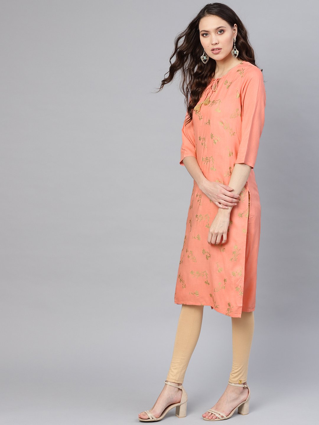 Women's Peach-Coloured & Golden Khari Printed Straight Kurta - Nayo Clothing