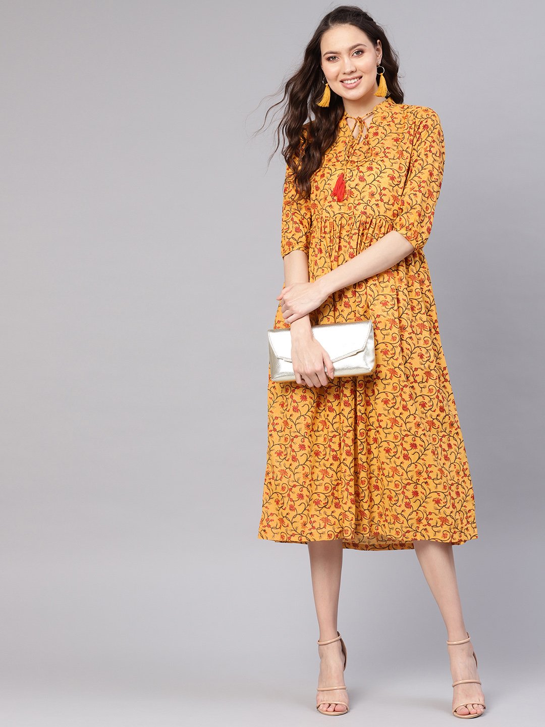 Women's Mustard Yellow & Red Printed A-Line Dress - Nayo Clothing